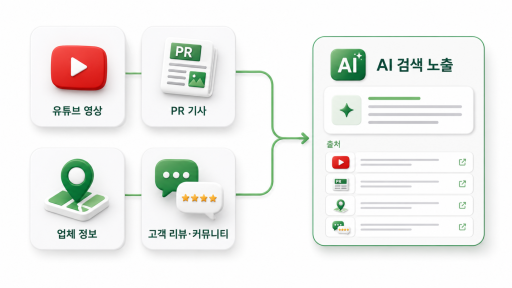 유튜브 영상, PR 기사, 업체 정보, 고객 리뷰와 커뮤니티가 AI 검색 노출의 출처로 연결되는 구조