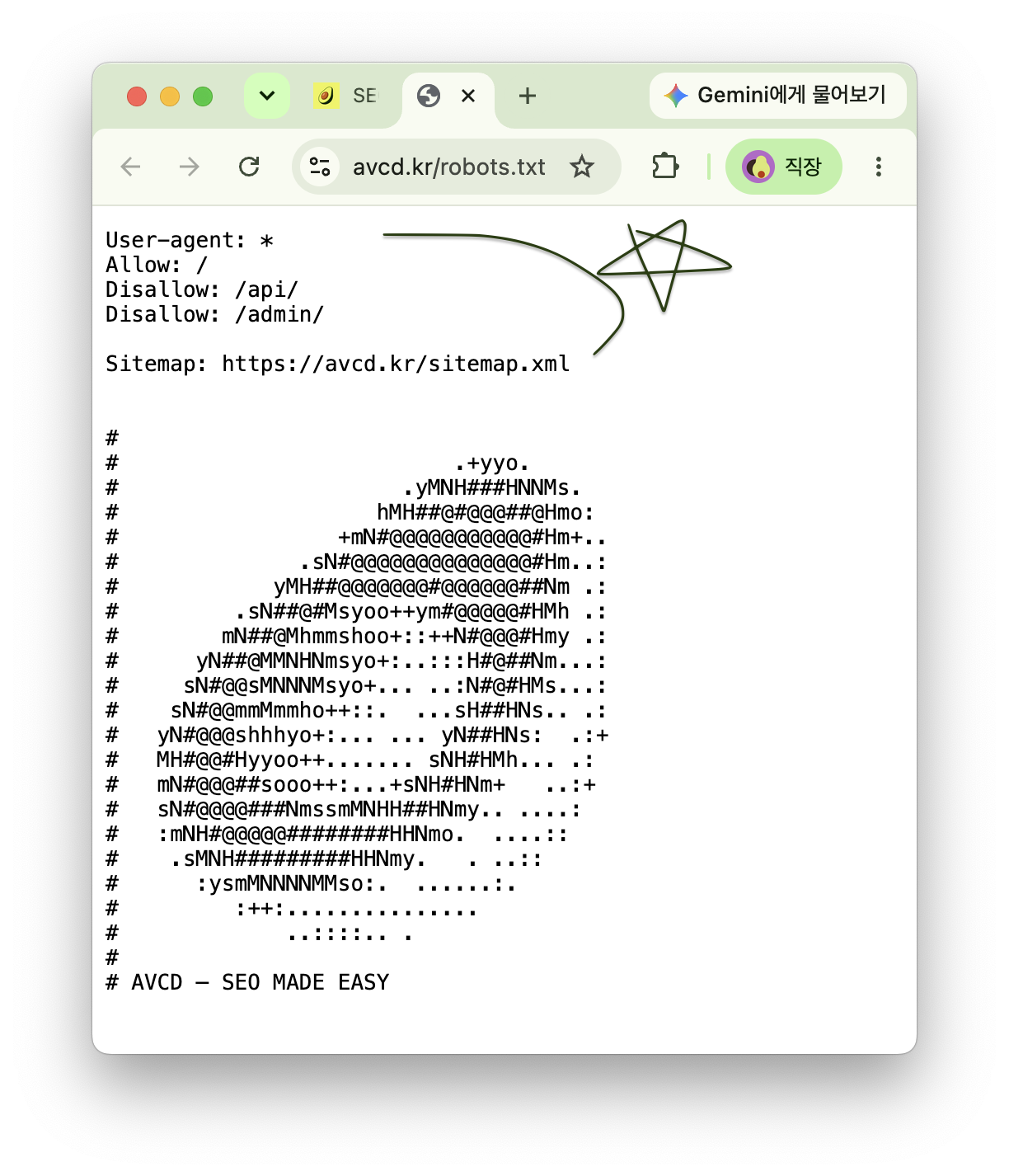 브라우저에서 연 robots.txt 파일의 User-agent, Allow, Sitemap 규칙