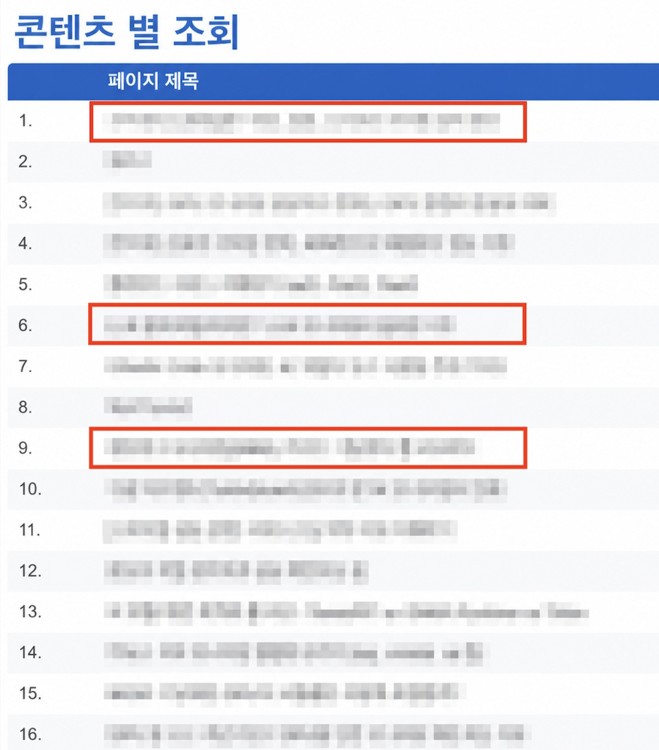 새로 기획한 1번 6번 9번 콘텐츠가 표시된 조회 목록
