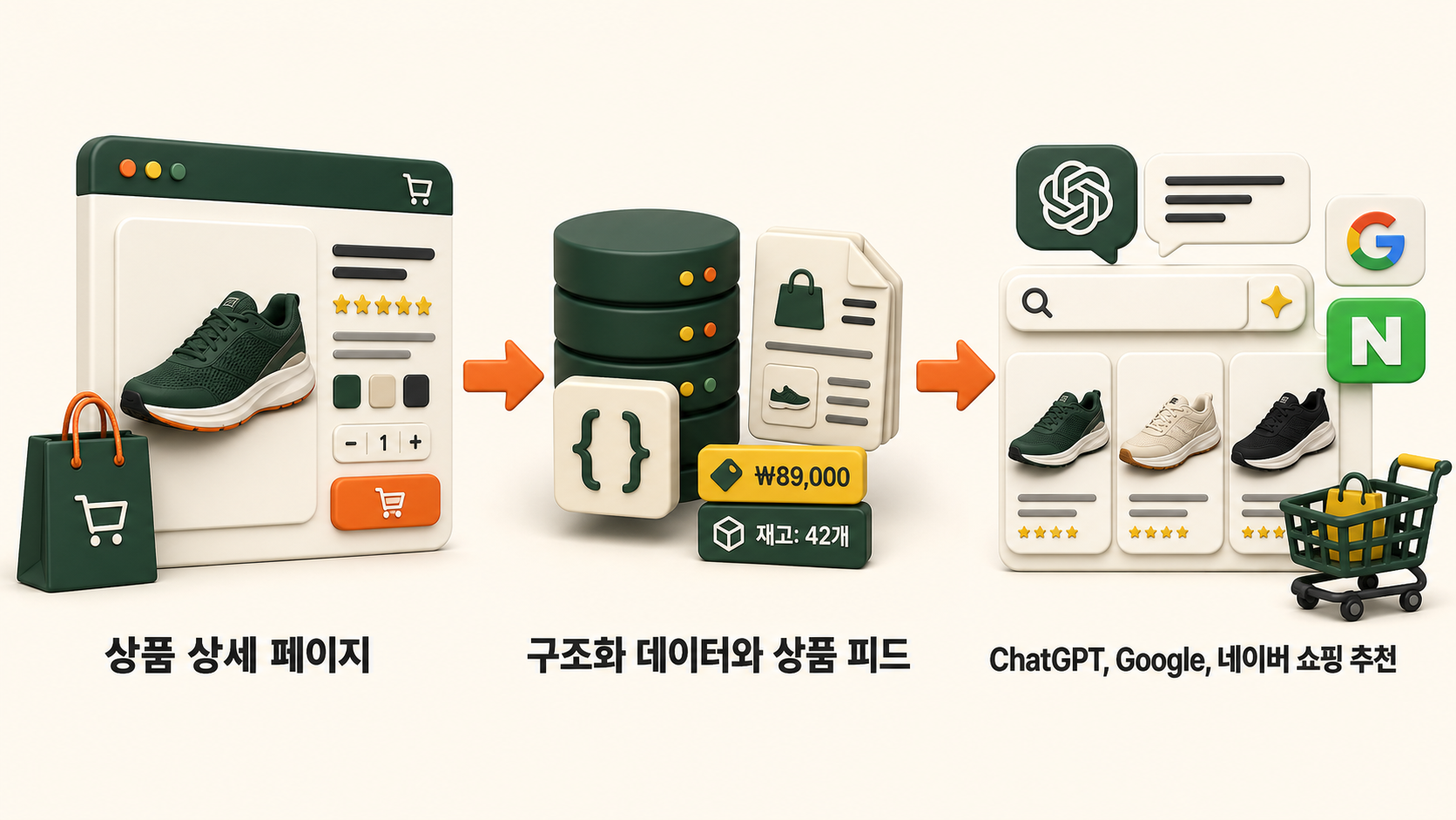상품 상세 페이지에서 구조화 데이터와 상품 피드를 거쳐 AI 쇼핑 추천으로 이어지는 과정